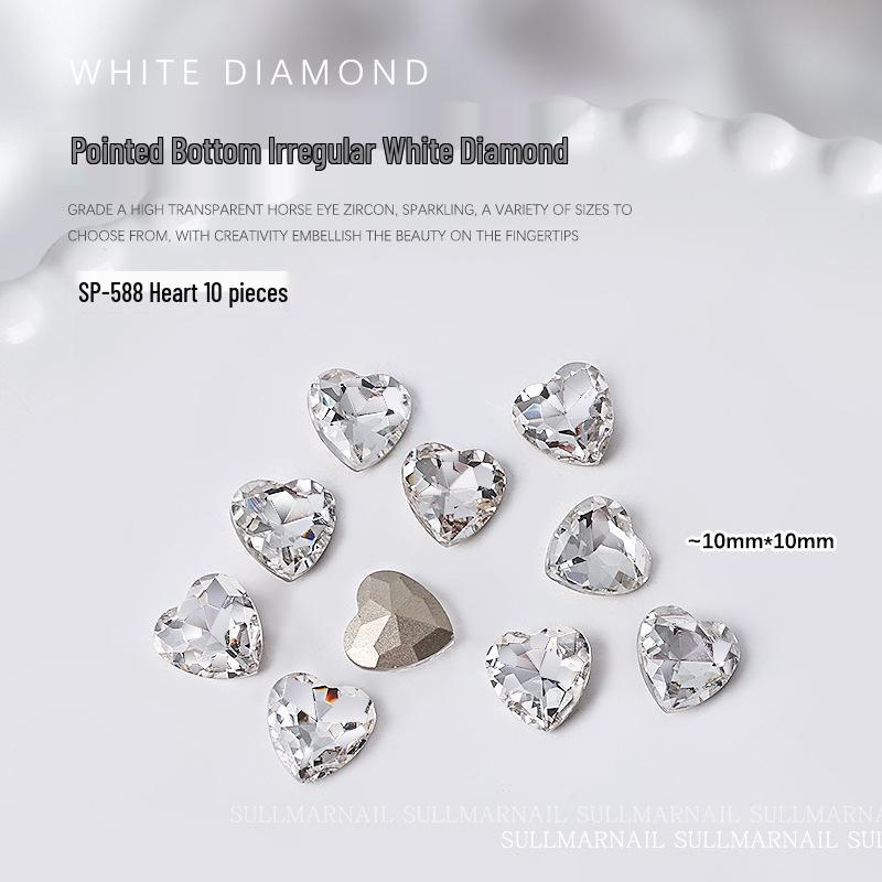 10-Piece Nail Art Set: Pointed Bottom Heart, Crooked Heart, White Diamond, Peach Heart, Square Transparent Rhinestones for Nail Decoration