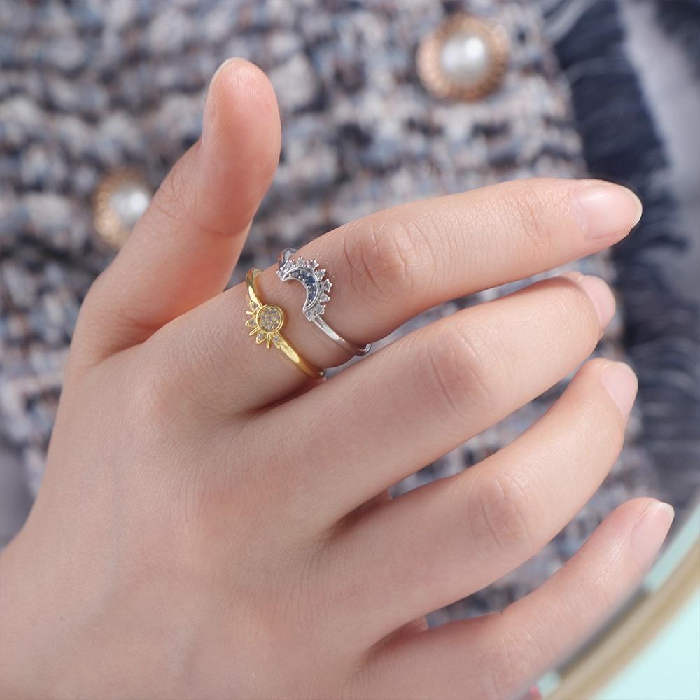 Gold Rhinestone Sun Ring Silver Couple Adjustable Ring Fashion Celestial Ring Set  Overlay