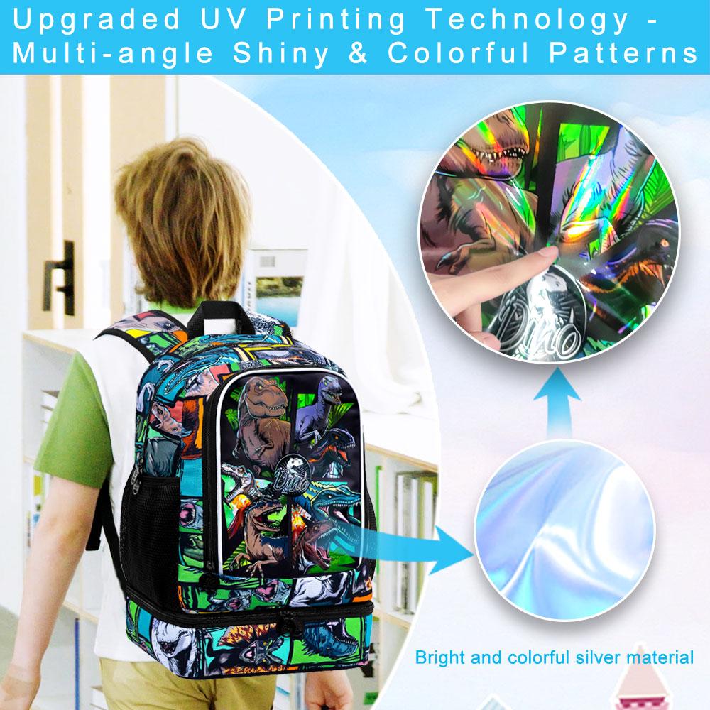 2 In 1 Dinosaur Backpack for Boys, 17" Kids Bookbag with Insulated Lunch Box, School Backpacks for Elementary Preschool