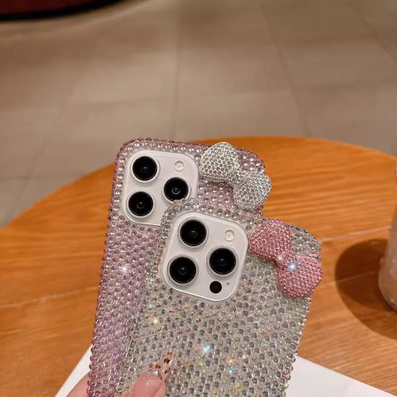 Cea mai recentă husă de telefon cu funde strălucitoare roz și argintii și este compatibilă cu iPhone 16, 15, 14, 13, 11, 12 Pro Max și 16 Plus