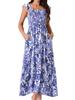 Uxcell Women's Floral Print Beach Sundress, Square Neck, Ruffled, Cap Sleeves, Tiered Maxi Dress, Dark Blue, Size S