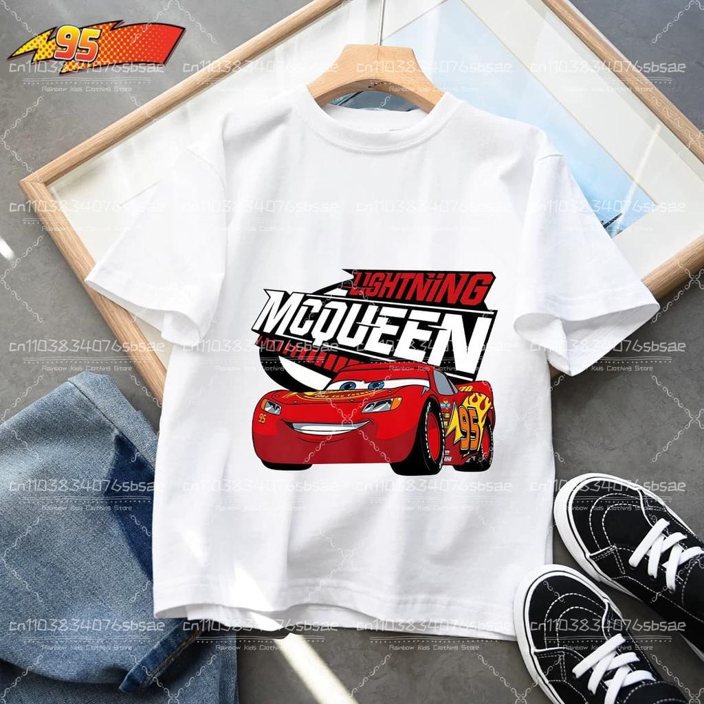 2026 Summer Kids T-shirt Short Sleeve Top Cartoon Cars Pixar Lightning McQueen Printed Boys Clothes Baby Tops 4-10 Years