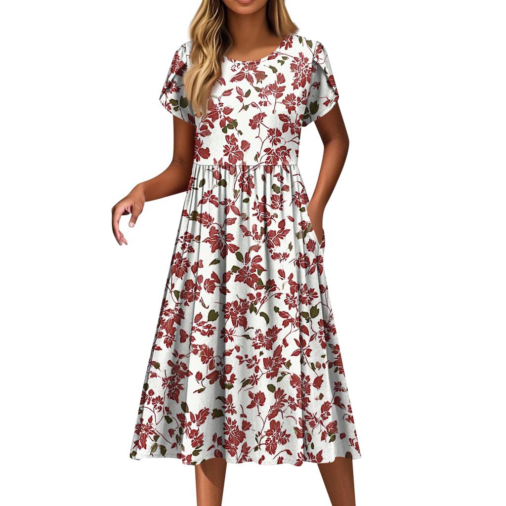 Women's Fashion Casual Loose Floral Print Round Neck Pocket Short Sleeve Dress
