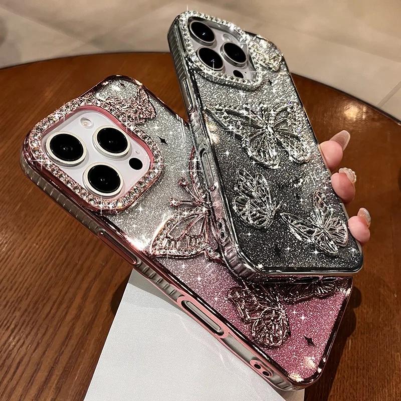 Süßes Cartoon 3D Schmetterling Diamant Hülle für Für Iphone 16 1 14 13 12 11 Pro Max Plus Glitzer Farbverlauf Beschichtung Weiche Stoßfeste Abdeckung