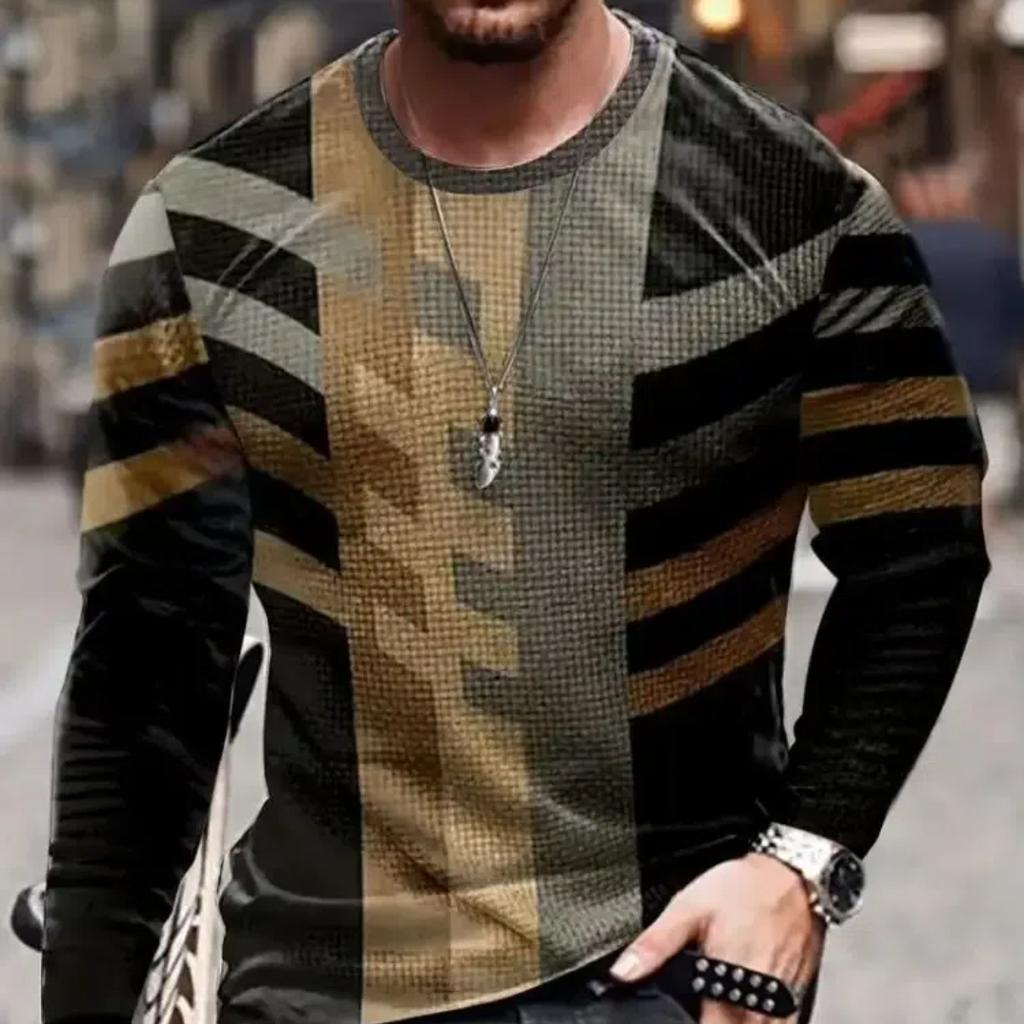 2024 Vintage Men's T-Shirt Color Block Long Sleeve 3D Clothing Print Harajuku Oversized Tops Men's Outdoor Jogging T-Shirt Tops