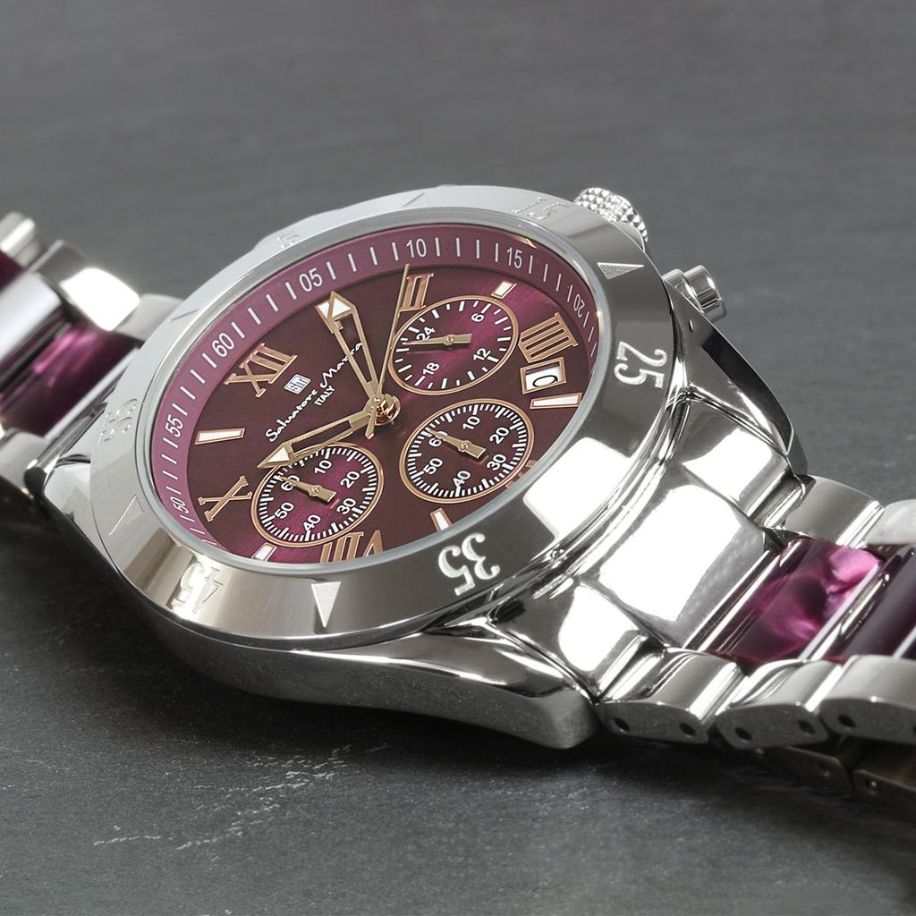 Salvatore Marra Chronograph Uhr mit Acetat und Roségold Zweifarbigen Armband, Silber, Lila, Gold, SM23105-SSPLPG