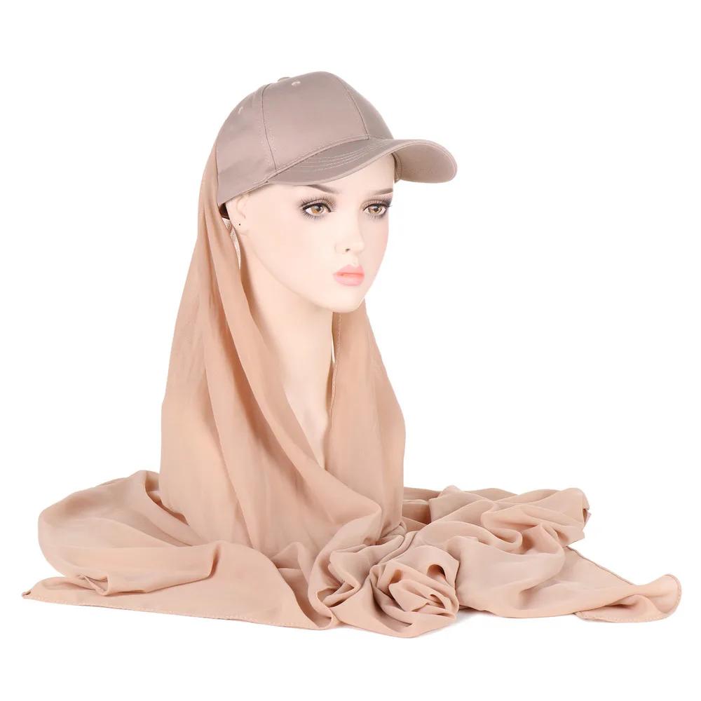 Bubble Pearl Chiffon Shawl with Baseball Cap Hat Wrap Veil Instant Hijabs Bandana Turban Muslim Women Ready To Wear Head Scarf