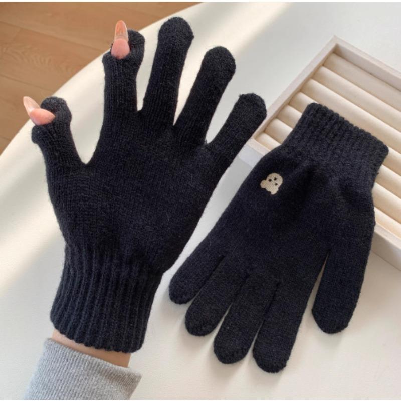 Korean Cute Bear Embroidered Wool Gloves for Women Autumn and Winter Knitted Touch Screen Student Warm Cycling Gloves Windproof