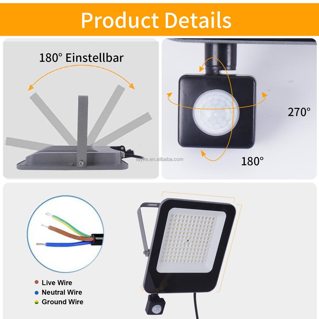 Motion Sensor LED Floodlight PIR 50W 100W IP67 Outdoor Radar Sensor Spotlight Infrared Induction for Porch Garage Backyard