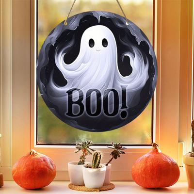 Halloween Schild für Haustür Halloween Kranz Holz Hängeschild Boo Geist Kürbis Hexe Willkommensschild für Fenster Wanddeko