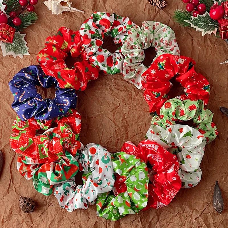12Pcs Christmas Style Hair Ties Santa Claus Print Satin Scrunchies for Women Girls Trendy Xmas Festiva Party Hair Accessories