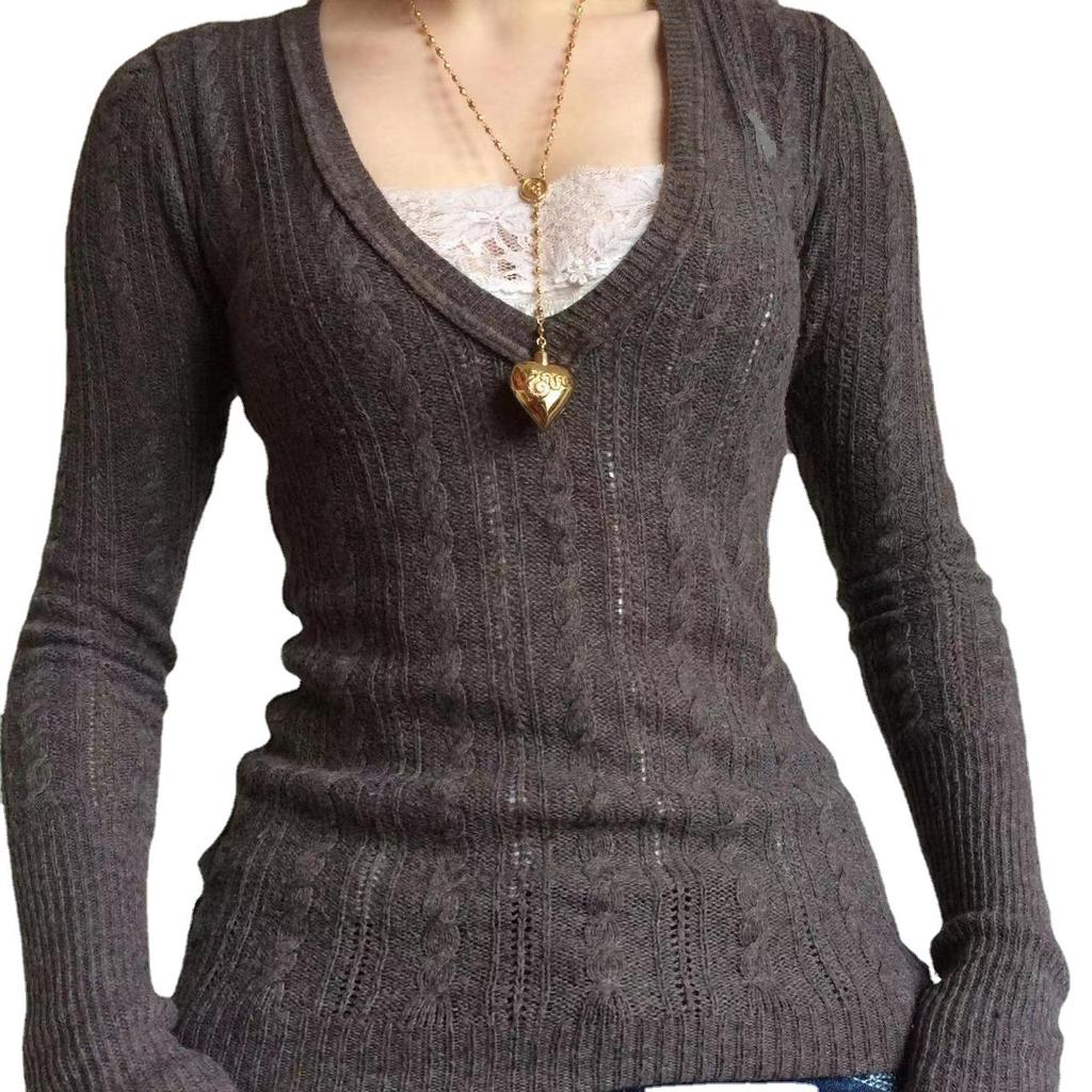Women's Autumn and Winter V-neck Low-cut Sexy Temperament Thin Bottoming Knitwear