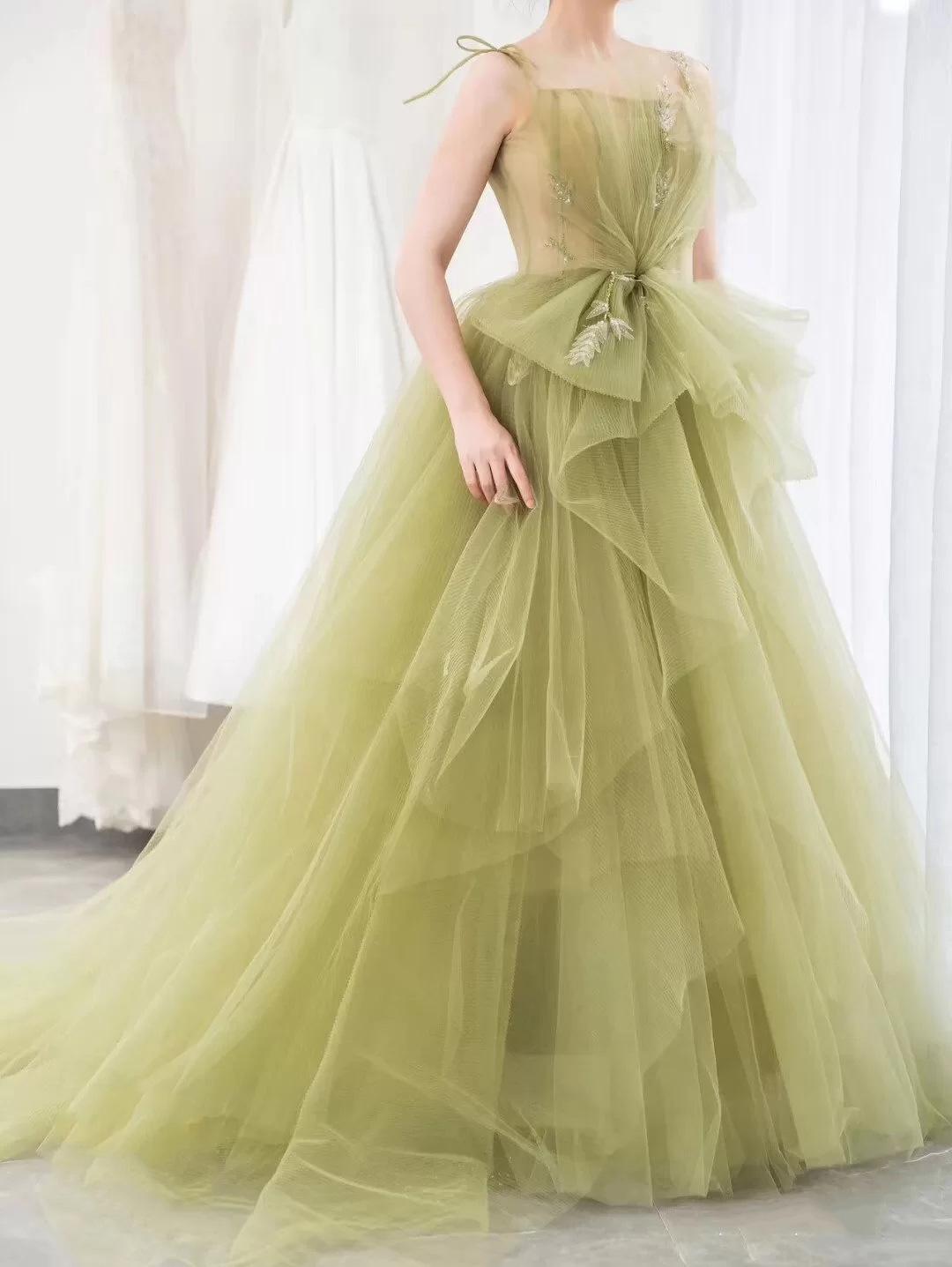 

Легкое свадебное платье женское 2025 зеленого цвета платье фея темперамент длинное шлейфовое платье приветственный банкет Мори свадебное платье M зелёный