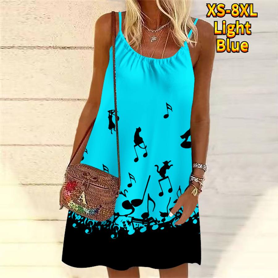Women Flower Beautiful Notes Printed Mini Dress Sleeveless Party Dress Summer Beach Dress Sundress
