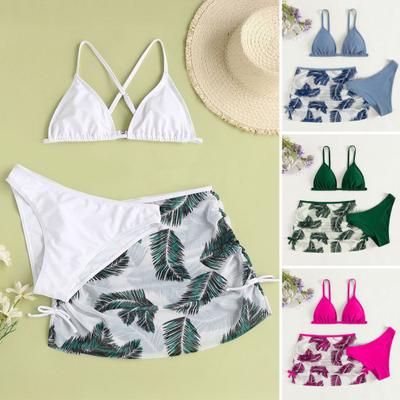 Girls Swimsuit 3 Pieces Set Leaf Print Bikini Tops Underpants Skirt Swimwear Quick Dry Bathing Suit for Beach Pool