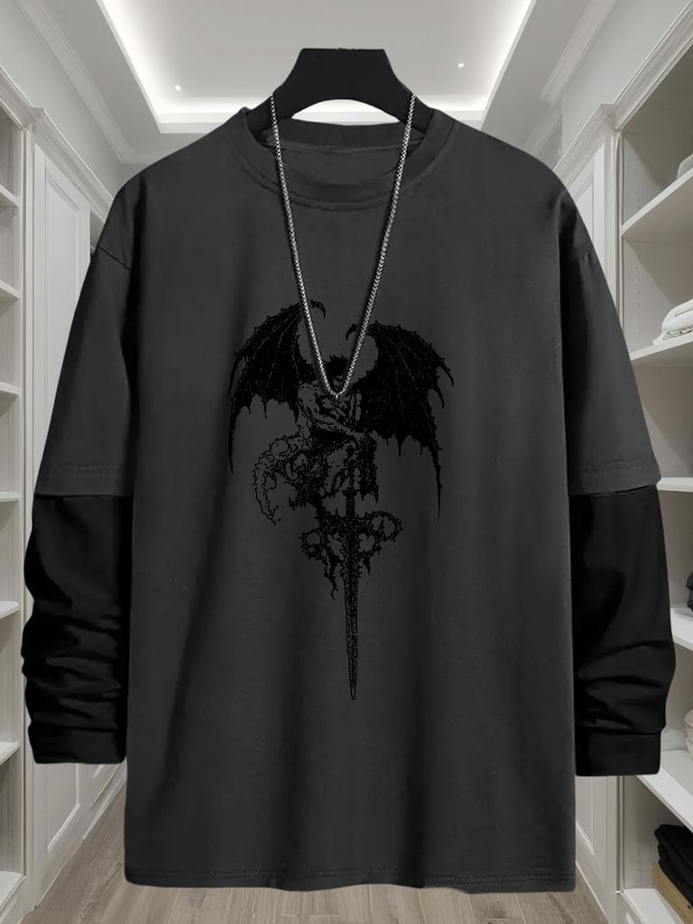 Mens Faux Layered Long Sleeve T Shirt, Casual Everyday Basic Tops, Classic Fit for Daily Errands Outdoor Stroll Commute Leisure Wear