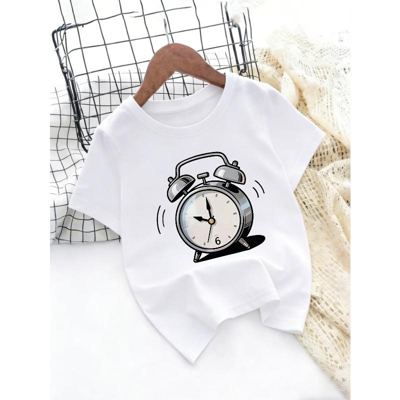 European sizes Fun Cartoon Alarm Clock Pattern T-Shirt, Unisex Kids Casual Round Neck Short Sleeve Cute Clock Print Summer Top 110