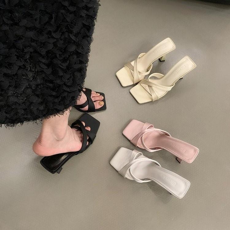 2025 summer new cross-band fashion versatile medium-heeled slippers open-toed square-heeled French high-heeled cool slippers