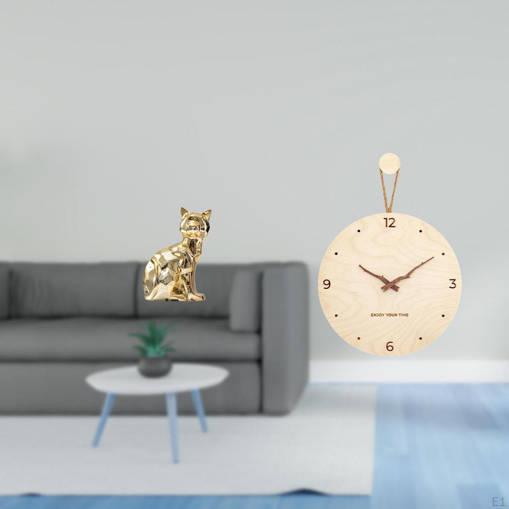 Cat Statue Wood Wall Clock Decorative Figurine Animal Sculpture Minimalist Modern Nordic Art Craft