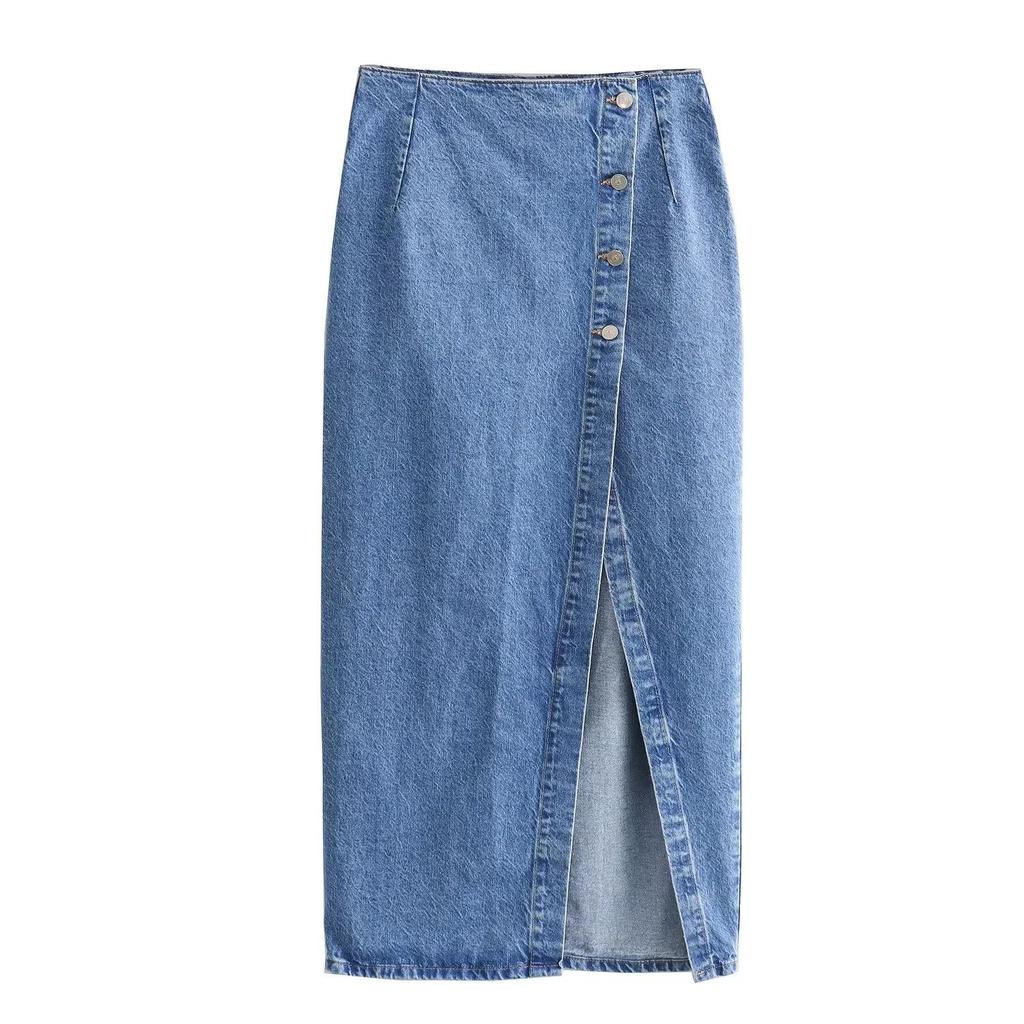 Women's European & American Short Denim Vest + Double Lapel Midi Skirt Set