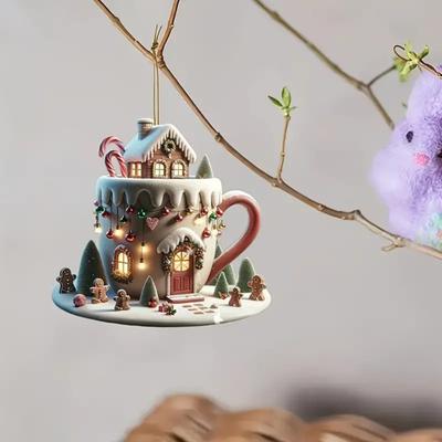 Yousheng Coffee Cup Christmas Tree Ornaments 2D Acrylic Winter Snow House Hot Chocolate Mug Shape Hanging Decoration for Holiday Tree Decor