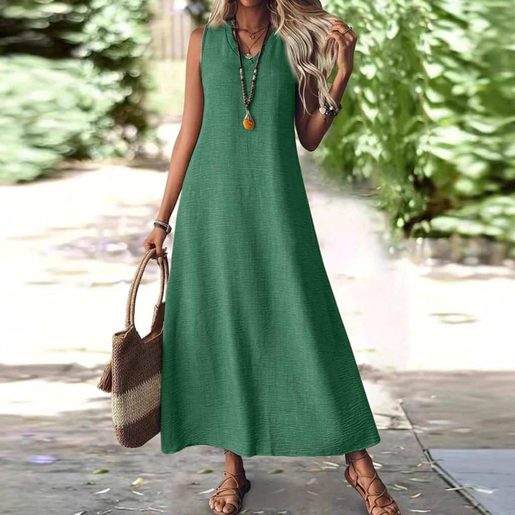 Women's Fashion V-Neck Sleeveless Solid Colour Zip Casual Holiday Long Cotton Linen Dresses