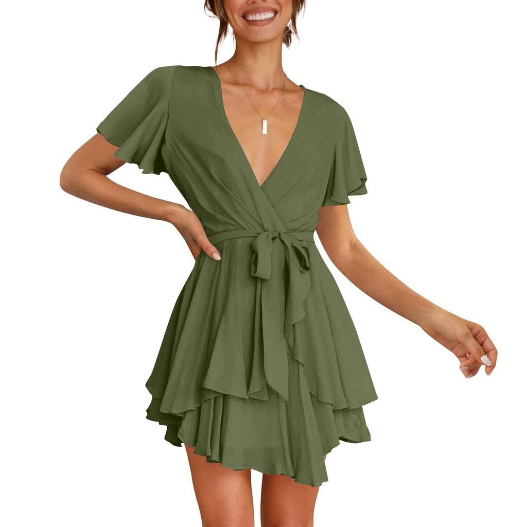 Dámské módní ležérní jednobarevné krátké rukávy s výstřihem do V, volný pas a volánky