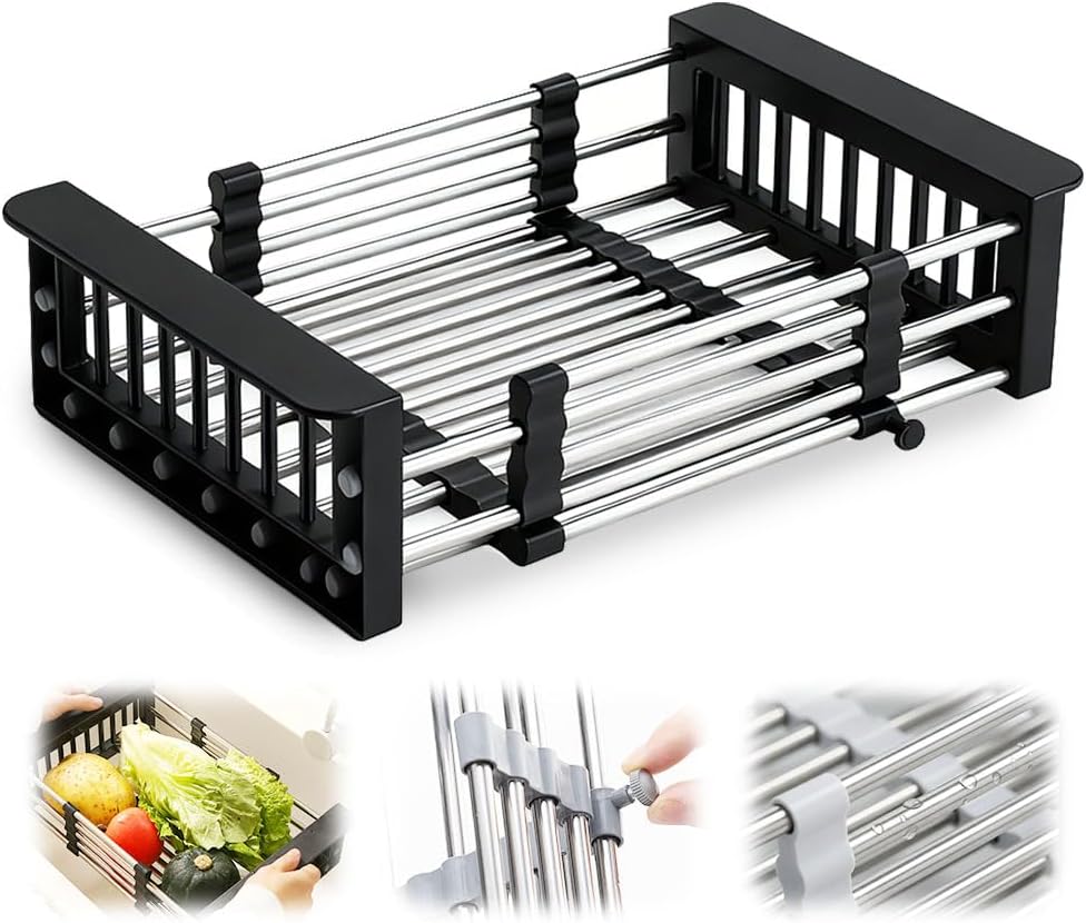 Extend Kitchen Sink Drain Basket, 2026 Upgrade Retractable Kitchen Sink, Adjustable Dish Drying Rack with Stainless Steel Drain Basket for Kitchen