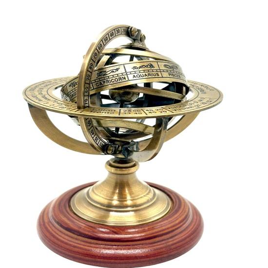 Zodiac Desk Decor Gift, Antique Finish Brass Astrological Armillary Sphere