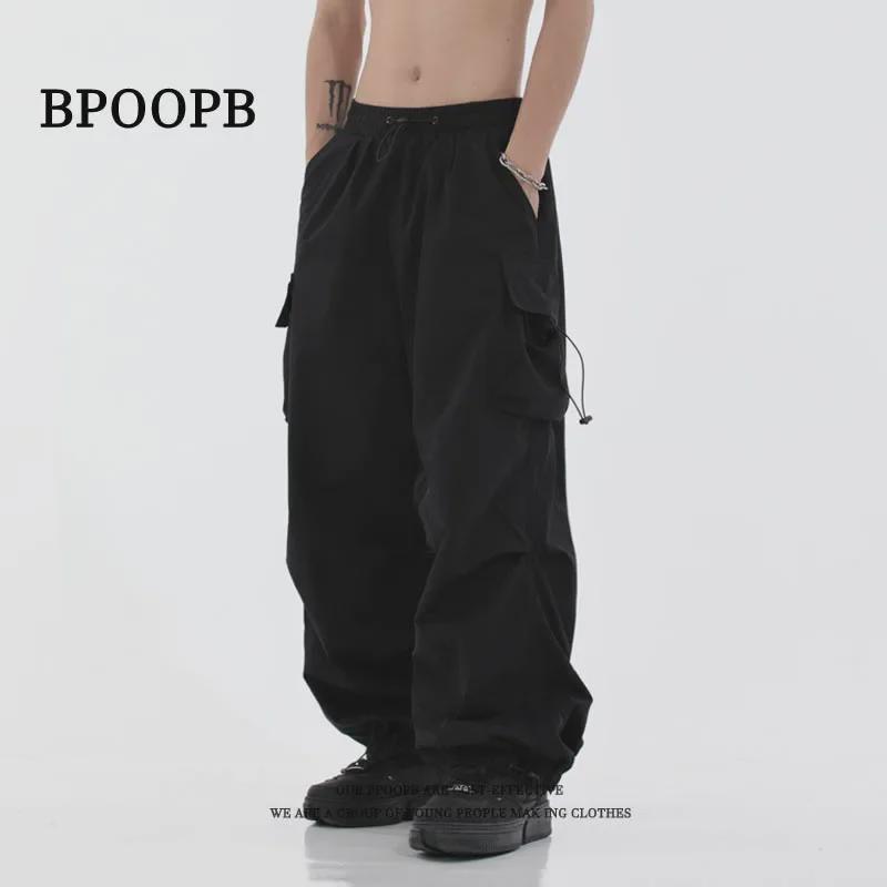 Unisex American Retro Drawstring Overalls: Mid-Waist Waterproof Casual Wide-Leg Pants