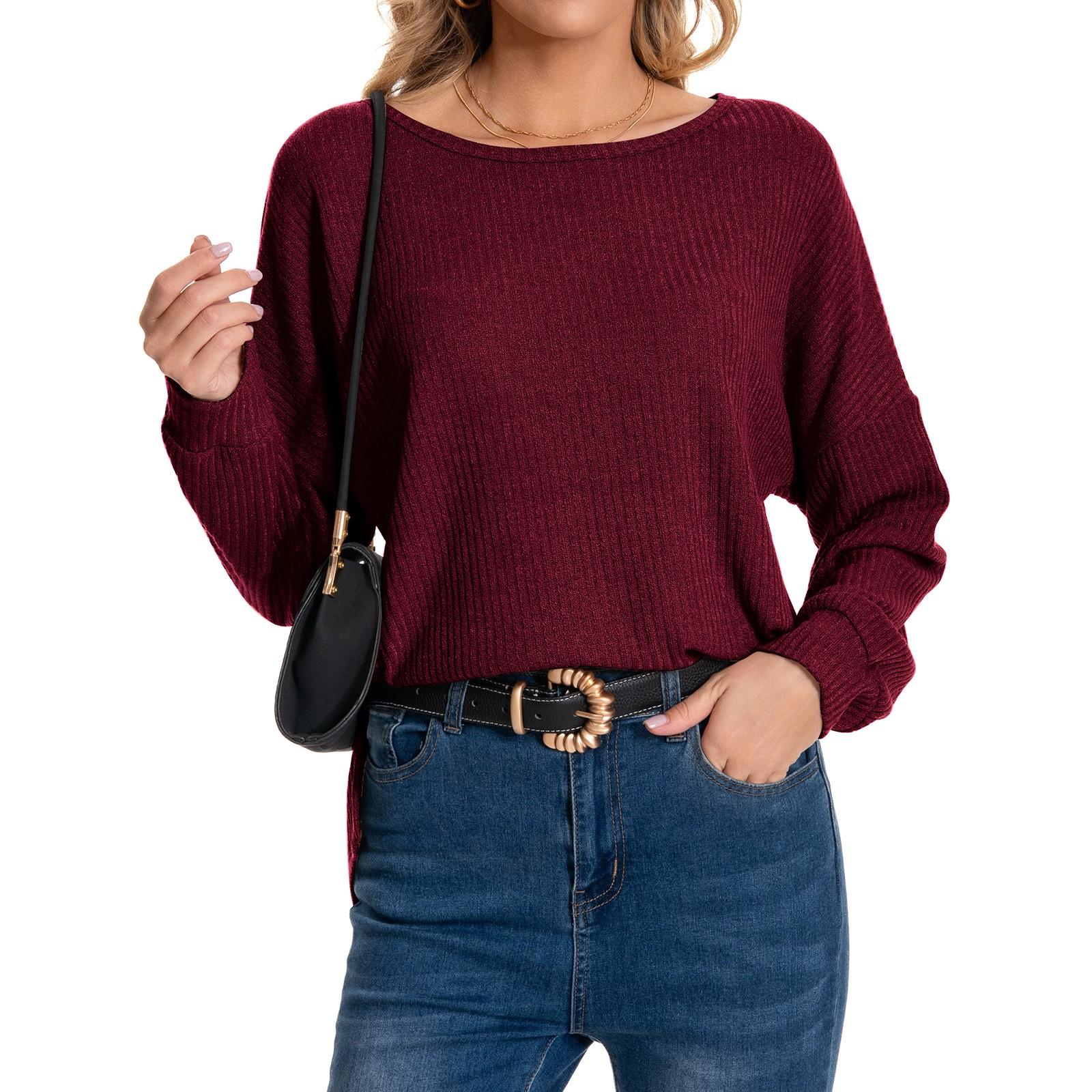 

Женская мода повседневная круглая горловина длинный рукав однотонный удобный свободный топ XL винный