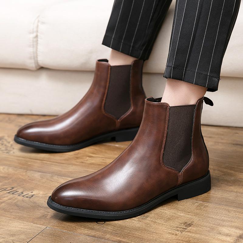 Men Chelsea Boots Business Ankle Boots British Style High Top Casual Shoes Fashion Slip On Leather Boot Plush Classic Men Boots