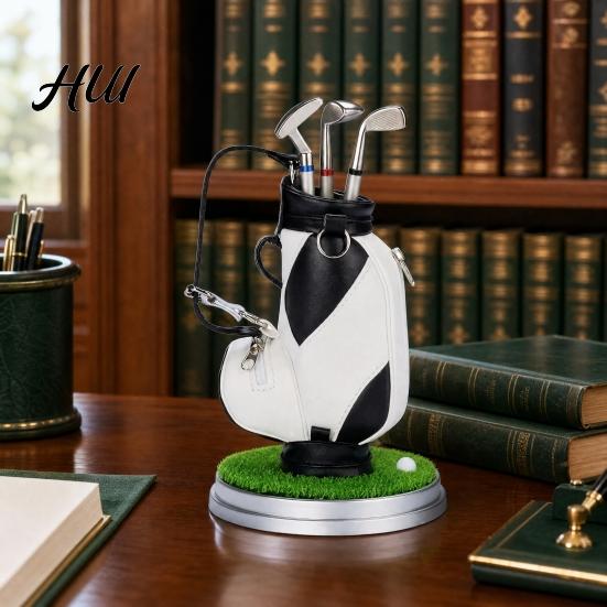 Practical Office Supplies Men Golf Pen Holder Set, Mini Bag Desk Organizer with 3 Set Club Pens, Novelty Decor for Men, Business Gift Desktop