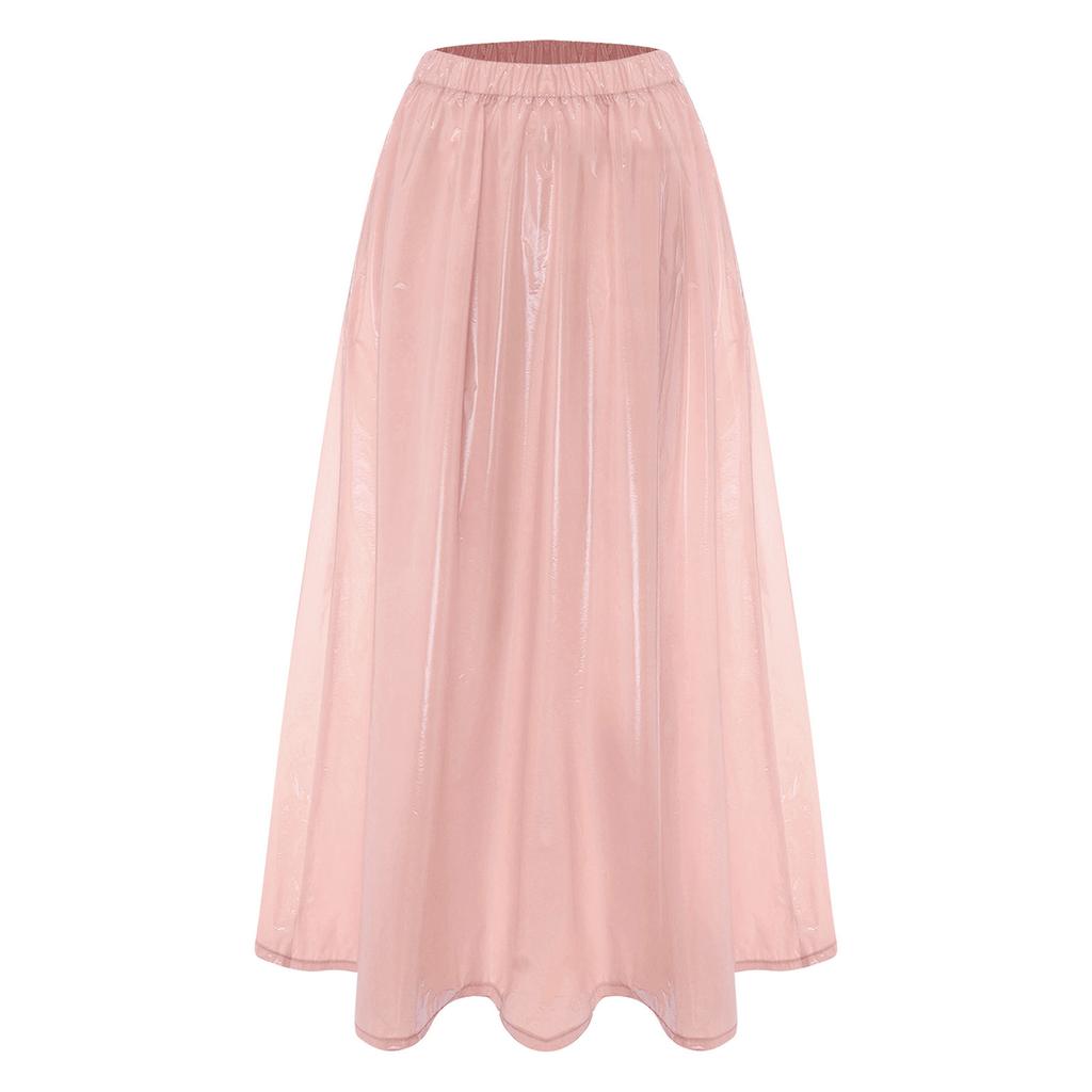 Women Waterproof Vinyl Elastic Waistband Swing Long Skirt Glossy Cover Up Maxi Skirt Clubwear