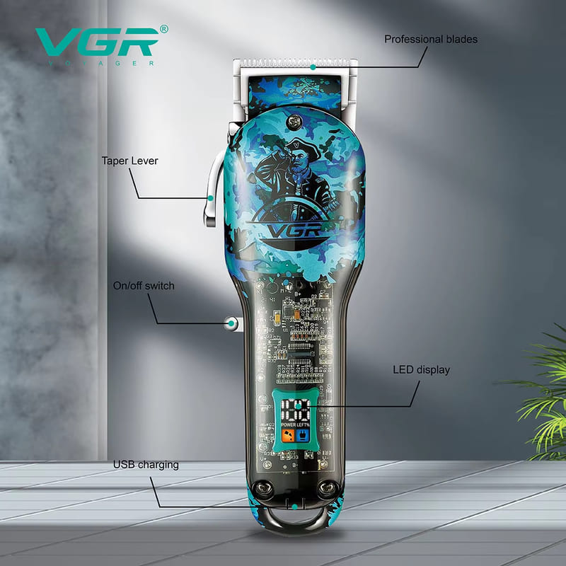 VGR Shaver Wireless Hair Clipper Rechargeable Transparent Hair Clipper High Power Shaving Scissors Men's Professional Hair Salon Home Hair Clipper ner