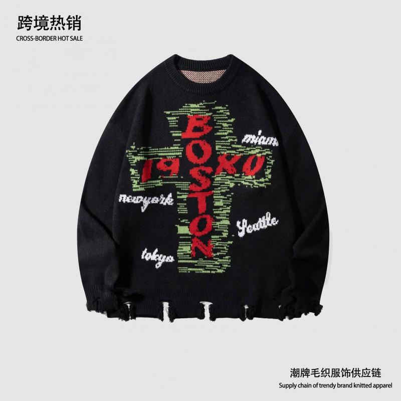 Mens Vintage Streetwear Knit Sweater Loose Fit Round Neck Long Sleeve Casual Pullover