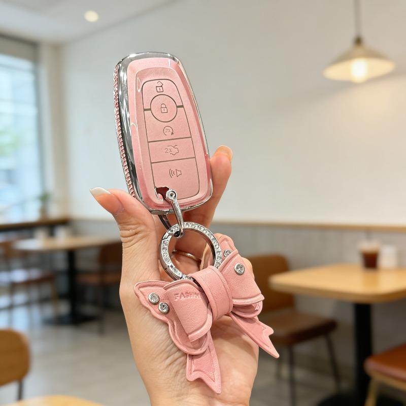 [ Side Diamonds ] 4 Buttons TPU Car Key Case Cover Shell Fob for Ford Fusion Edge Escape Explorer Taurus Expedition Ranger F-150