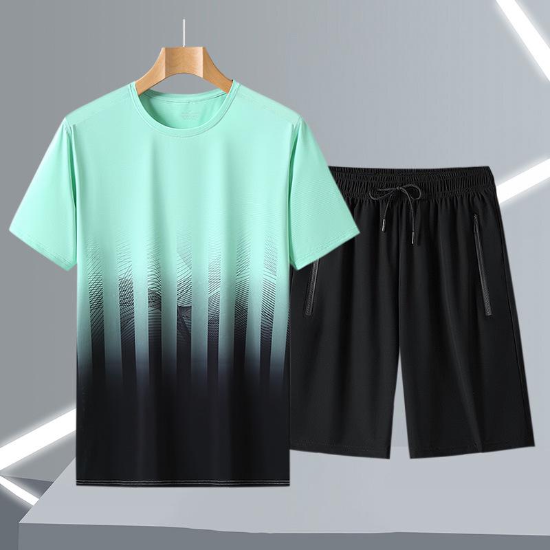 Summer Sports Tie-Dye Gradient T-Shirt Set for Men and Women: Casual Round Neck, Short Sleeve.