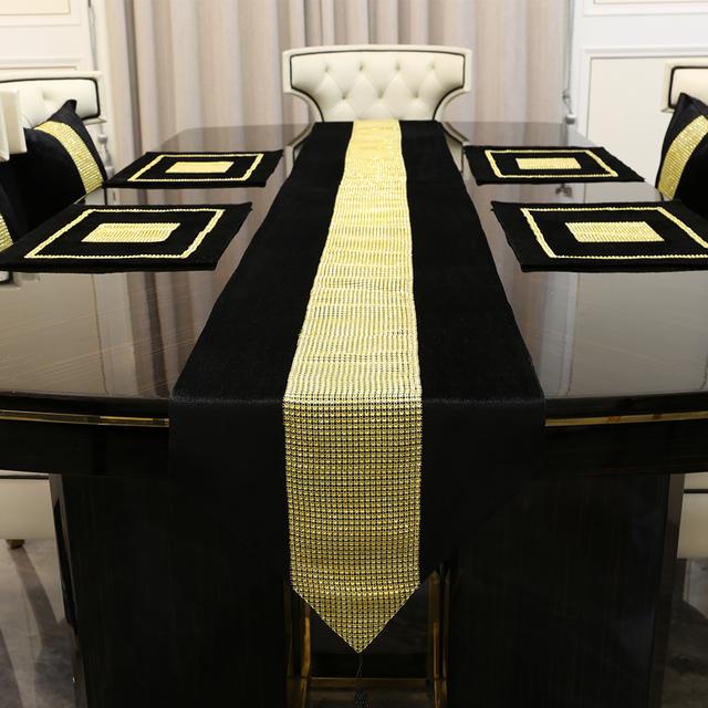 Table Runner Luxury High Quality Gold Rhinestones Faux Flannel Diamond Home Table Runners Pillow Case Table Mat For Wedding