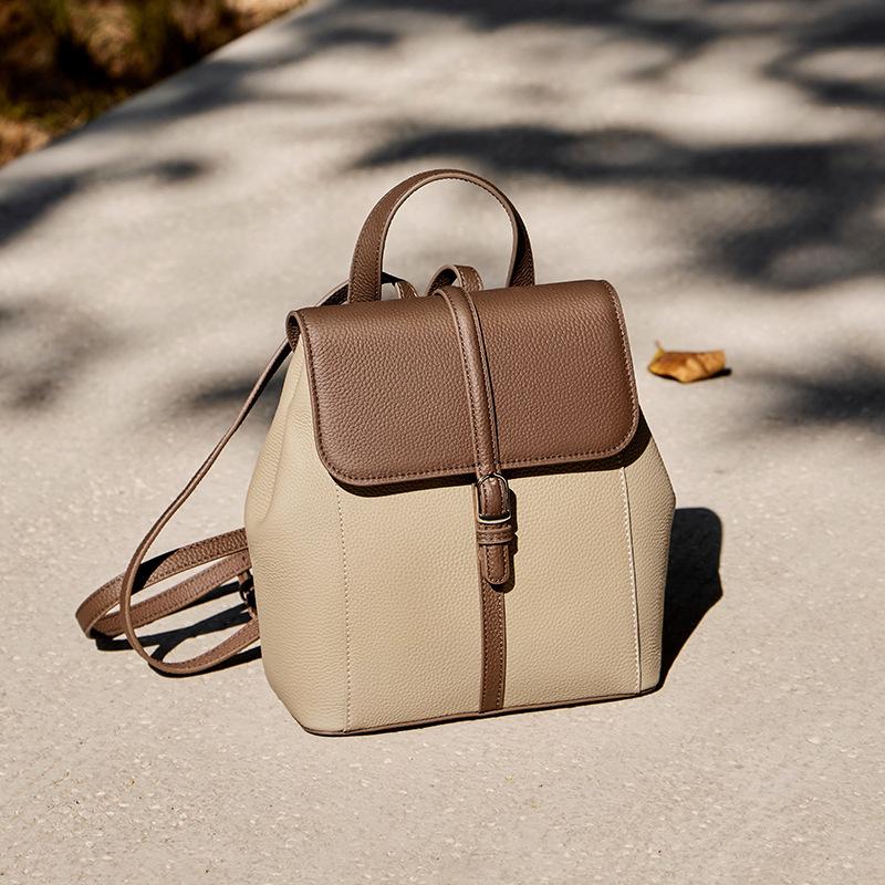 Contrast Color Fashion Backpack for Women 2025 New Large Capacity Genuine Leather Mom Bag Casual Ladies Soft Cowhide Backpack