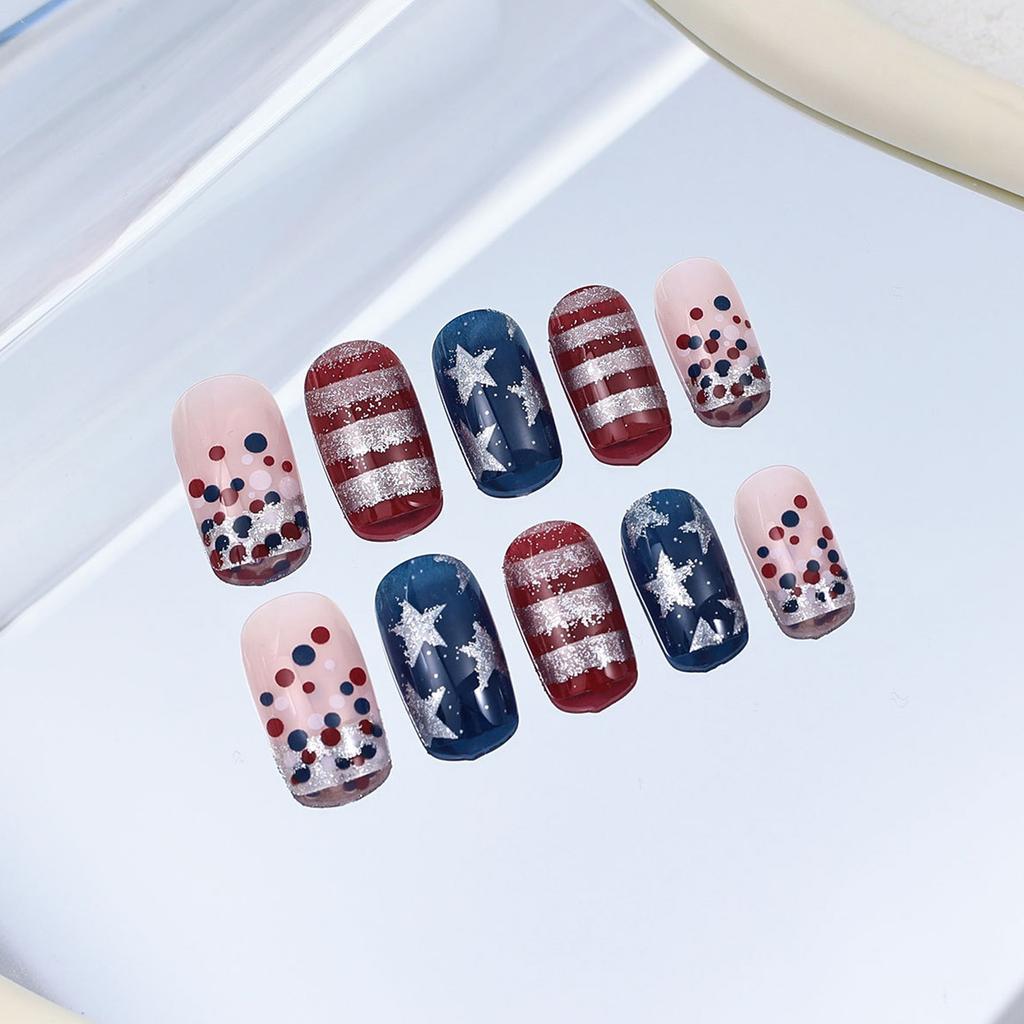 24Pcs Press On Nail Short Square False Nail Manicure Nail Decoration Full Cover Acrylic Nail for Independence Day