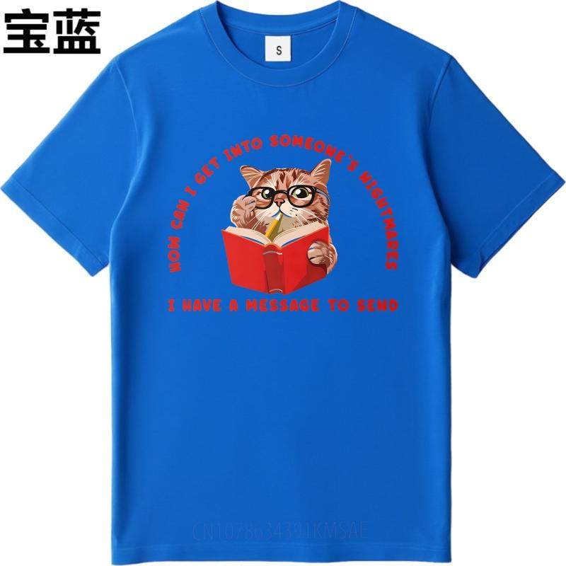 Brand Summer For Her Tshirt Cat Reading Book With Glasses And Text Short Sleeve Street Wear Round Neck Tshirt Male Teeshirt