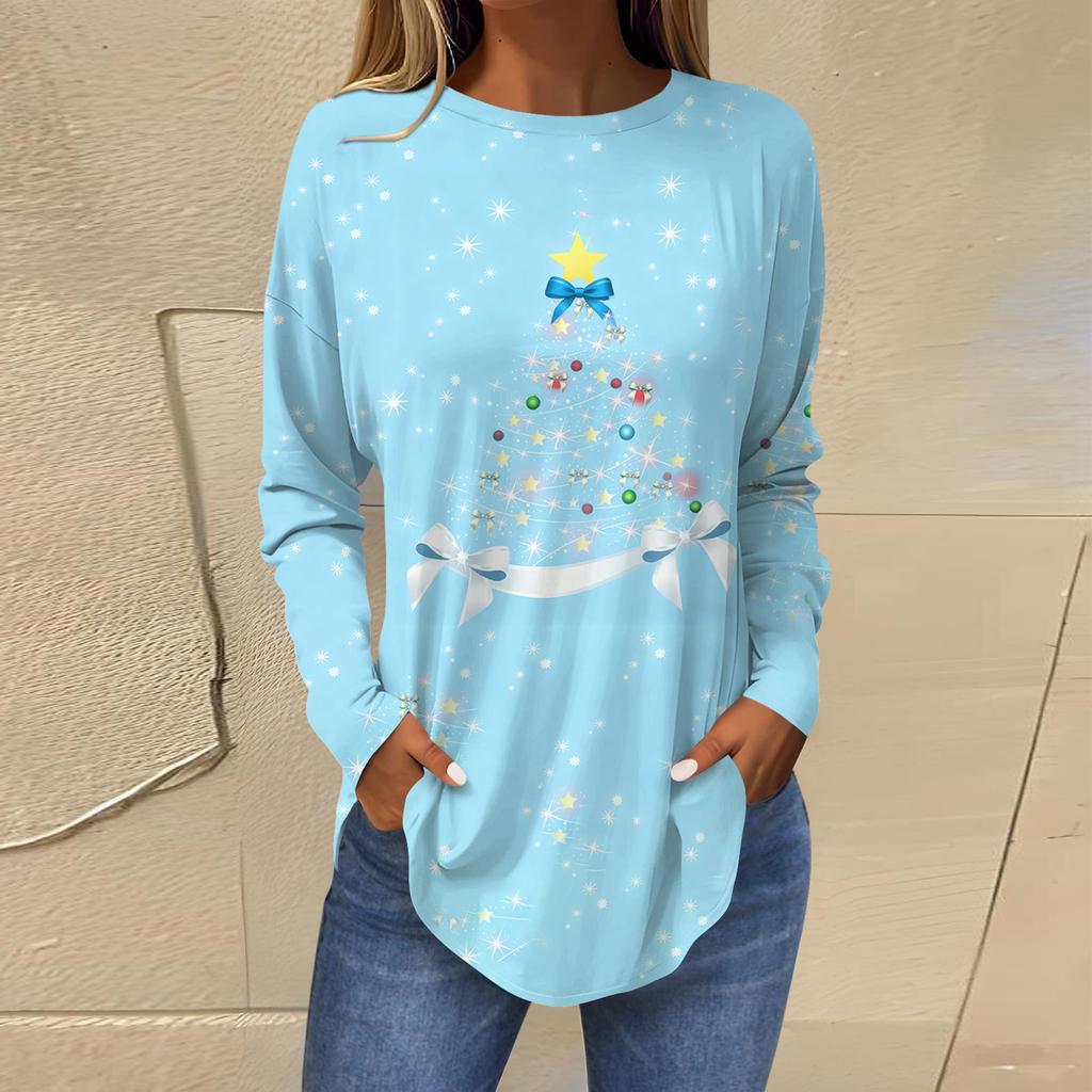 Dames Losse Comfortabele Casual Mode V-Hals Kerstprint Lange Mouw Hoodie