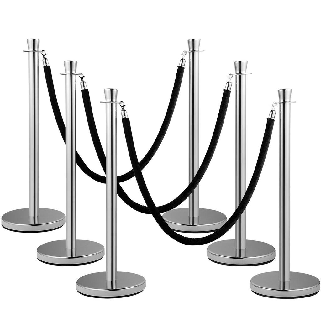 Crowd Control Stanchion, Set of 2 Pieces Stanchion Set, Stanchion Set with 5 ft/1.5 m Black Velvet Rope, Silver Crowd Control Barrier with Sturdy