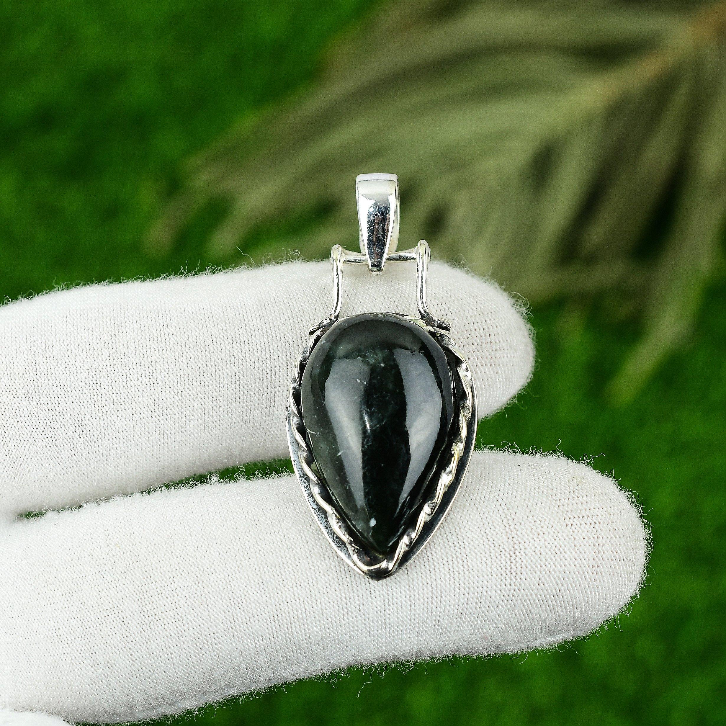 

925 Silver Pear Nephrite Stone Bezel Mother Handmade Engagement Pendant Jewelry