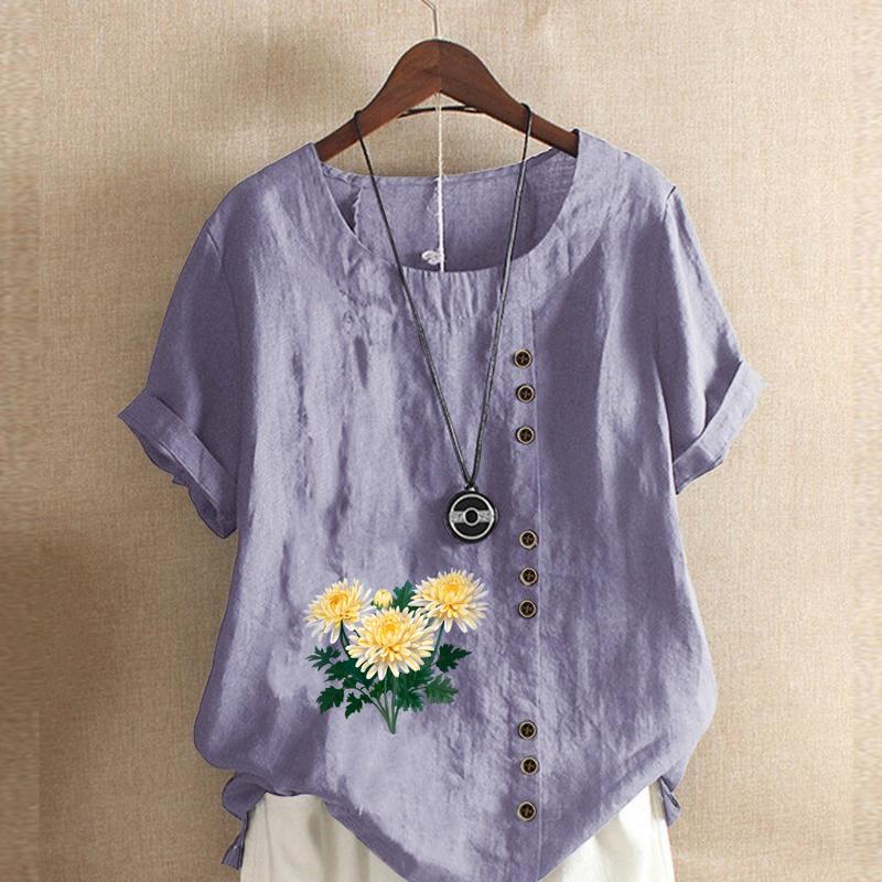 Women's Fashion Chrysanthemum  Prined Round Neck Short Sleeve T-shirt Casual Cotton Linen Graphic Shirt Leisure Loose Summer Blouse Tops