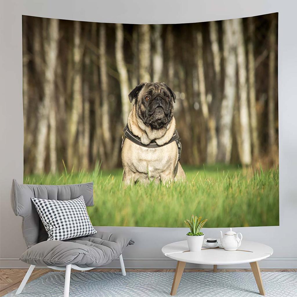 Pug Dog Tapestry Cute Black Animals Tapestry Autumn Fallen Leaves Tapestry Home Living Room Bedroom Wall Modern Art Tapestries