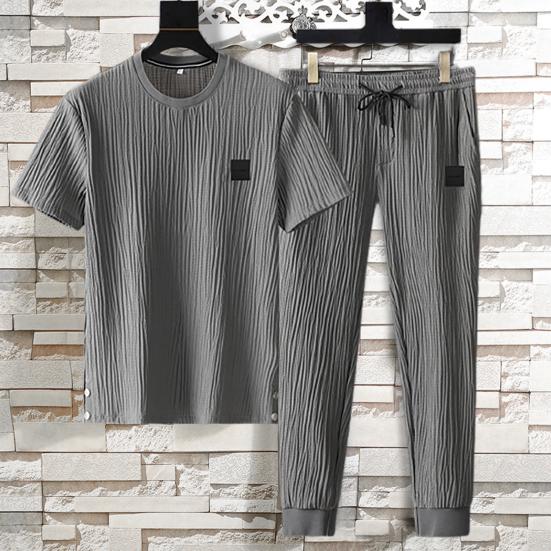 Summer Men Pleated Shirt Pants Two-pieces Set Thin Soft Breathable Tracksuit Casual Sports