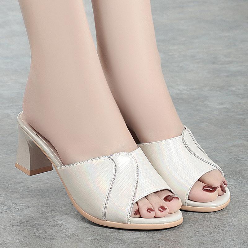 Mote Sko For Kvinner Tøfler 2024 Sommer Dame Pumps Casual Høye Hæler Ensfarget Damesko Rund Tå Slides Utesko