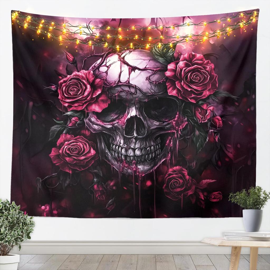 Sugar Skull tapestry For Kids Adults Room Decor,Purple Rose Flowers Tapestries Goth Skull Tapestry Wall Hanging Skeleton Bones